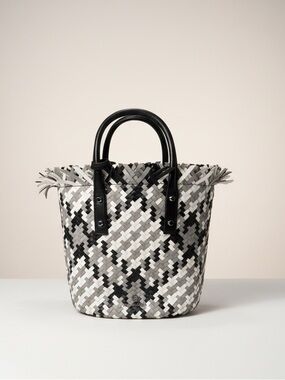 Michael Kors Black and White Woven Tote with MK Charm